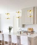 Gold Pendant Light Fixture With Brushed Brass Finish, elegant 1 light modern linear chandelier over kitchen island