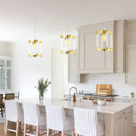 Gold Pendant Light Fixture With Brushed Brass Finish, elegant 1 light modern linear chandelier over kitchen island
