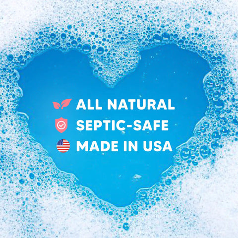 Heart-shaped suds with text promoting Odor Busting Washer and Towel Cleaner with 24 Treatments, eco-friendly and septic-safe.