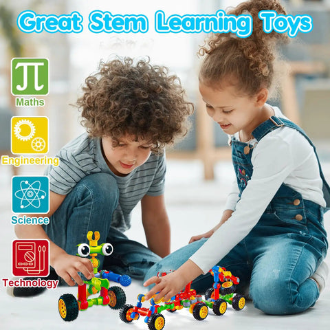 Children playing with Stem Building Toys Set With 125 Pieces For Ages 3 4 5 6 7 8 And Up Boys And Girls Creative Engineering Blocks.