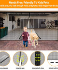 Boy and dog exiting through Two Car Garage Screen Door 16x7 Ft Heavy Duty Magnetic Self Sealing Fiberglass Mesh with roll up straps.