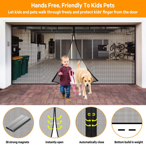 Boy and dog exiting through Two Car Garage Screen Door 16x7 Ft Heavy Duty Magnetic Self Sealing Fiberglass Mesh with roll up straps.