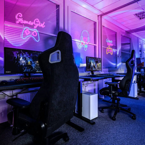 Gaming room setup with pink Dimmable Neon Sign With USB Power Live On Air LED Light for TikTok YouTube Twitch Streamers Gift.