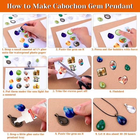 Instruction guide for Pendant Tray Jewelry Making Kit With Glass Cabochons 90 Pcs Set Including 30 Bezel Pendants 30 Cabochons And 30 Necklace Cords For DIY Necklaces And Crafting
