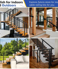 Eight Foot Modular Black Stainless Steel Handrail Engineered For Gutsy Zero Flex Rigidity On Cable Railing Systems photo collage showing indoor and outdoor applications.