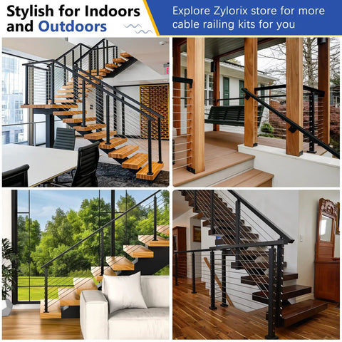 Eight Foot Modular Black Stainless Steel Handrail Engineered For Gutsy Zero Flex Rigidity On Cable Railing Systems photo collage showing indoor and outdoor applications.