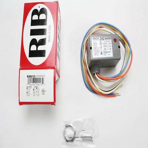 Enclosed Pilot Relay RIBU1C, 10 Amp SPDT With 10-30 VAC/DC/120 VAC Coil shown with box and mounting hardware