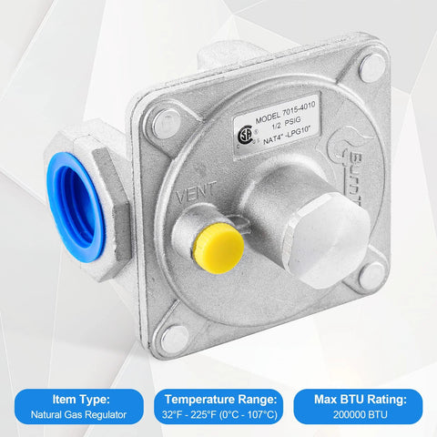 Angled front view of natural gas pressure regulator with metal square body, blue 3/4 in FNPT inlet and yellow cap