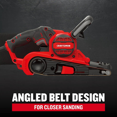 Corded 7 Amp Belt Sander Workhorse with angled 3 inch by 21 inch belt for closer sanding, onboard dust bag, side view.