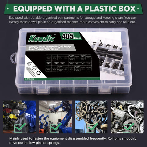 405 Piece Roll Pin Set With 27 Sizes Slotted Spring Pins For Dowel Tension And Expansion Black Steel Pins M1.5 to M10 in box