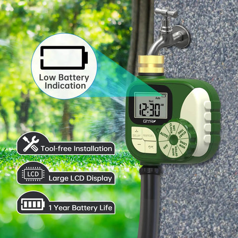 Garden Hose Timer With 360 Degree Brass Swivel, Waterproof Irrigation Timer installed on faucet showing LCD display and controls