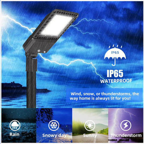 Beast Bright 300W LED Parking Lot Lights With Photocell Slip Fitter, in wet outdoor weather showing IP65 waterproof feature.