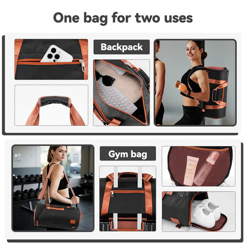 Convertible gym bag with compartments and straps, part of 3 Piece Travel Luggage Set With Lightweight Hardshell Suitcases And Dual Spinner Wheels TSA Locks 20 Inch Carry On Gym Bag And Toiletry Bag Durable PC Plus ABS For Men And Women Black Great For Weekend Getaways And Business Travel Overhead Bin Friendly