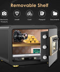 Open Fireproof Safe With Biometric Access, Waterproof 1.4 Cubic Foot Electronic Digital Security Safe for Home Office showing removable shelf with valuables.