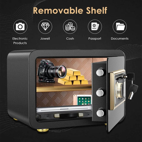 Open Fireproof Safe With Biometric Access, Waterproof 1.4 Cubic Foot Electronic Digital Security Safe for Home Office showing removable shelf with valuables.