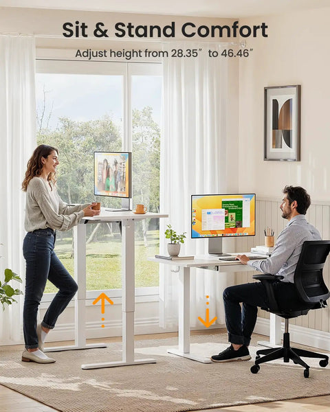 Electric Standing Desk With Drawers 48 By 24 Inch Height Adjustable Table With Four Presets in home office setting, two users