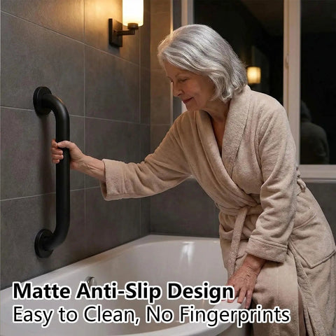 Hella Secure 12 Inch Stair Handrail And Wall Mounted Safety Grab Bar For Indoor Outdoor Steps providing a tight non slip matte black grip.