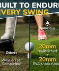Split image showing a comparison of golf swing durability on 20mm realistic turf with EVA shock rubber vs. typical wear and tear.