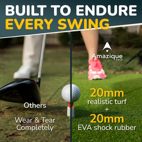 Split image showing a comparison of golf swing durability on 20mm realistic turf with EVA shock rubber vs. typical wear and tear.