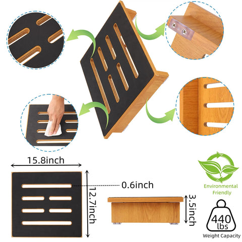 Diagram of one step stool for adults with no slip rubber surface, wooden frame, dimensions, and 450 pound capacity label.