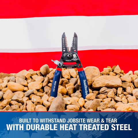 Compact Wire Stripper And Cutter For Slick Electrical Work With Precision Shear Blades And A Comfortable Double Dipped Grip For 10 To 20 AWG Solid Wire standing on rocks