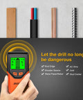 Wall Stud Finder in hand detecting wooden beams, wires, and metal pipes against gray wall background.