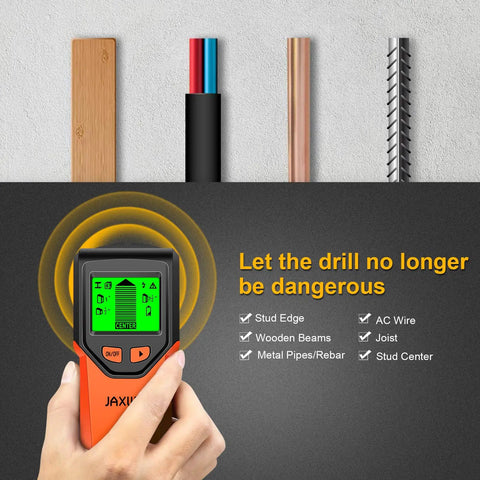 Wall Stud Finder in hand detecting wooden beams, wires, and metal pipes against gray wall background.