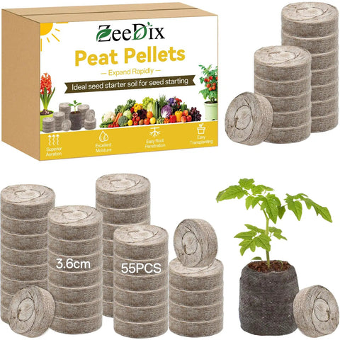 Image of a 55 Pack 36mm Peat Pellets for Seedlings Seed Starters with sprouts and packaging.