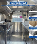 Custom Rollout Food Trailer Kitchen Unit featuring Heavy Duty Refrigerator Commercial Sink and Stainless Steel Juicer Station internal layout.