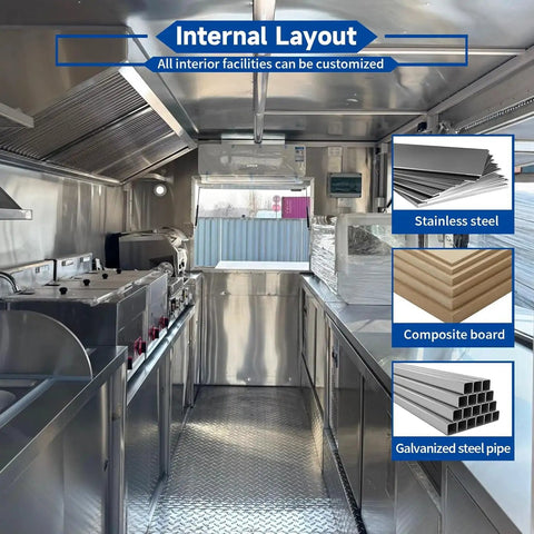 Custom Rollout Food Trailer Kitchen Unit featuring Heavy Duty Refrigerator Commercial Sink and Stainless Steel Juicer Station internal layout.