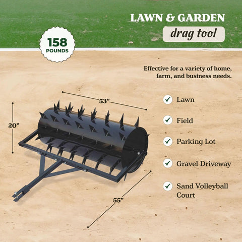 48 Inch Wide Drum Spike Aerator With Pin Style Hitch And Lawn Roller For Lawn, Garden, And Patio Care, Heavy Duty 108 Spike System Penetrates Up To 2.5 Inches For Deep Soil Penetration And Fast Turf Recovery, Black