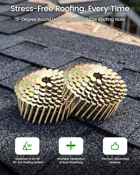 Straight Shooting 1 3/4 Inch 15 Degree Roofing Nails Wire Weld Collated Shingle Fasteners Smooth Shank Full Round Head 720 Pack on roofing shingles.