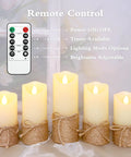 Flickering Flameless Candles Set Of 5 Battery Pillar Candles With Timer, hemp rope wrapped, remote control visible next to candles.