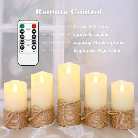 Flickering Flameless Candles Set Of 5 Battery Pillar Candles With Timer, hemp rope wrapped, remote control visible next to candles.