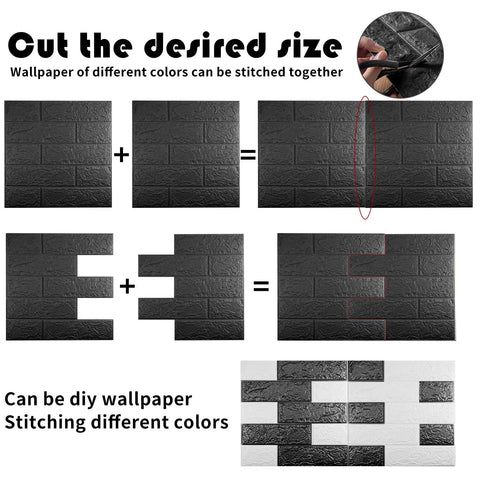 Diagram showing how to cut and join Pink 3D Wall Panels Set of 10 Peel and Stick Self Adhesive Foam Brick Wallpaper for different designs.