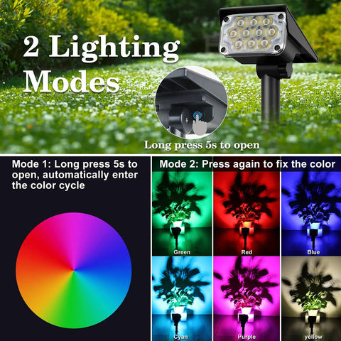 Outdoor Solar RGB Spotlight 4 Pack Color Changing LED Landscape Lights IP65 Waterproof With Auto On Off 10 LEDs Each 120 Degree Beam instruction modes