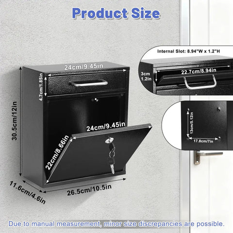 Outdoor Steel Key Lock Mailbox With Wall Mount, Secure Drop Box For Home Or Office, White Large, dimensions shown
