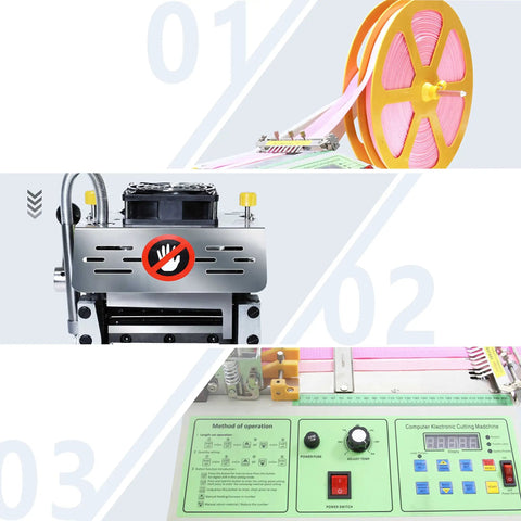 Automatic Webbing Cutter For Hot And Cold Cutting Of Ribbon And Zipper Tape, showcasing the components and control panel