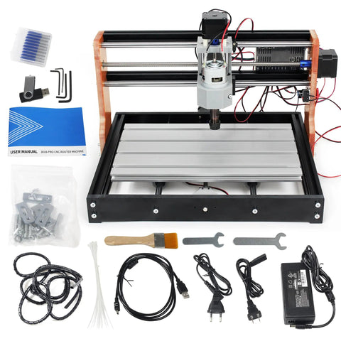 Upgraded 3018 Pro CNC Router Kit For Wood And Plastic 3 Axis GRBL Plug And Play DIY Mini Milling Machine Engraver displayed with accessories