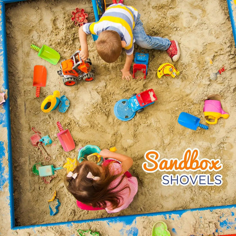 Kids playing in a sandbox with colorful toys and Kids Sand Shovel Bulk Pack 12 Heavy Duty Plastic Beach Shovels For Beach Day Chaos.