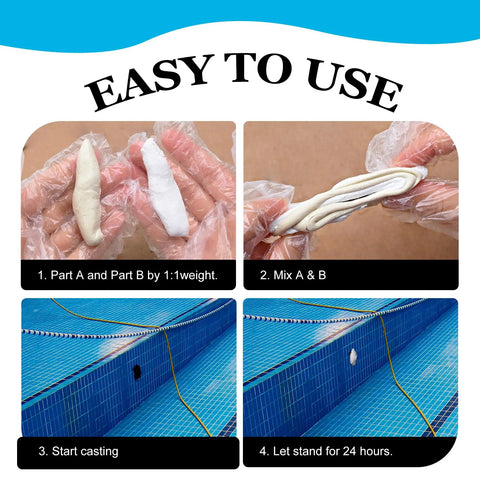 Instructions for Heavy Duty Two Part Epoxy Pool Putty For Active Leaks Underwater Or Dry Surfaces 10 Oz Repair Tube usage steps.