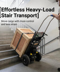 Heavy Duty 1200W Electric Dolly Stair Climber With 800lb Capacity And Folding Telescopic Handle For Moving Furniture And Warehouse Cargo on stairs with wooden crate.