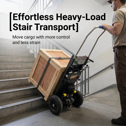 Heavy Duty 1200W Electric Dolly Stair Climber With 800lb Capacity And Folding Telescopic Handle For Moving Furniture And Warehouse Cargo on stairs with wooden crate.