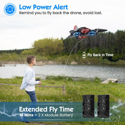 Child flying Foam Remote Control Airplane For Kids And Beginners with LED lights at park, showing altitude hold feature.