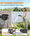 Woman using Retractable Garden Hose Reel With One Half Inch By One Hundred Feet Built Tough Heavy Duty Wall Mounted for watering