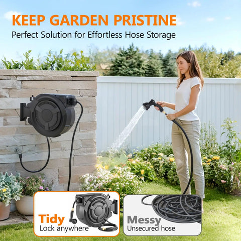 Woman using Retractable Garden Hose Reel With One Half Inch By One Hundred Feet Built Tough Heavy Duty Wall Mounted for watering
