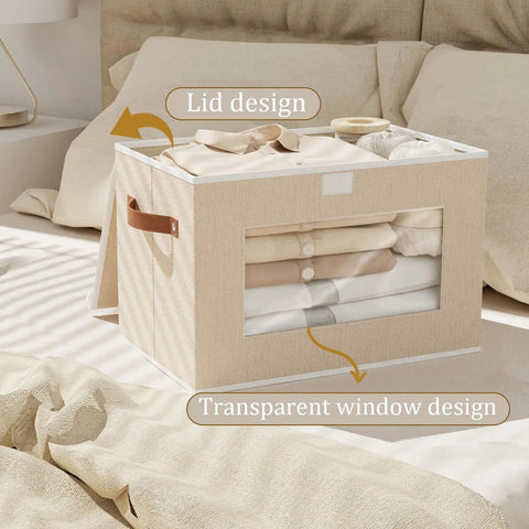 Large Fabric Storage Bins With Lids And Handles 17.7 By 11.8 By 11.8 Inches Clear Front Window See Through Linen Closet Organizer Box