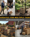 Beefy Heavy Duty Hand Truck With 600 Lb Capacity Steel Construction Two Wheel Dolly in various settings moving boxes and crates.