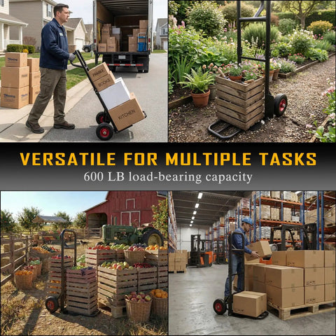 Beefy Heavy Duty Hand Truck With 600 Lb Capacity Steel Construction Two Wheel Dolly in various settings moving boxes and crates.