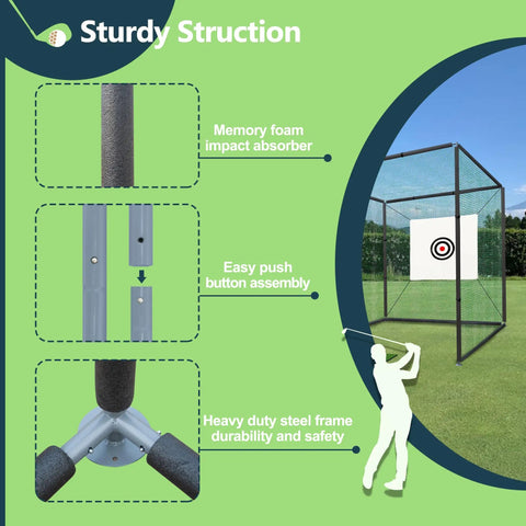 Golf Cage Net With Steel Frame 10x10x10 Ft features memory foam, easy assembly, steel frame; for at home practice.